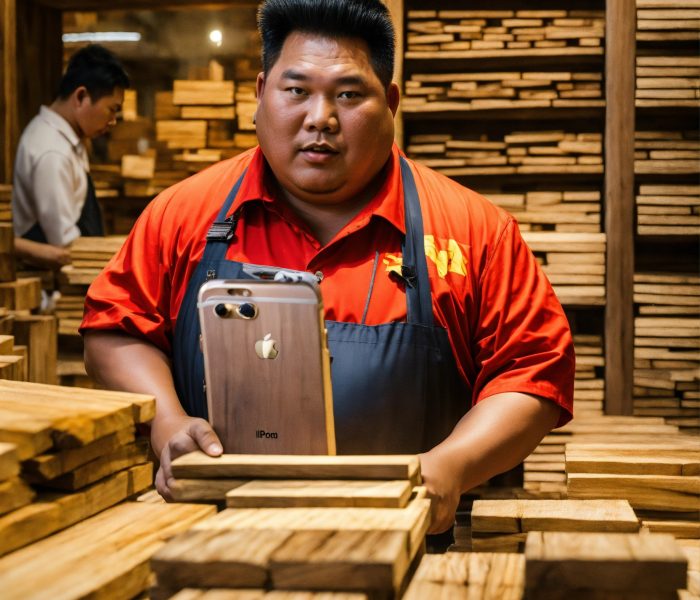 Big Vietnamese man selling wood in store luxury re